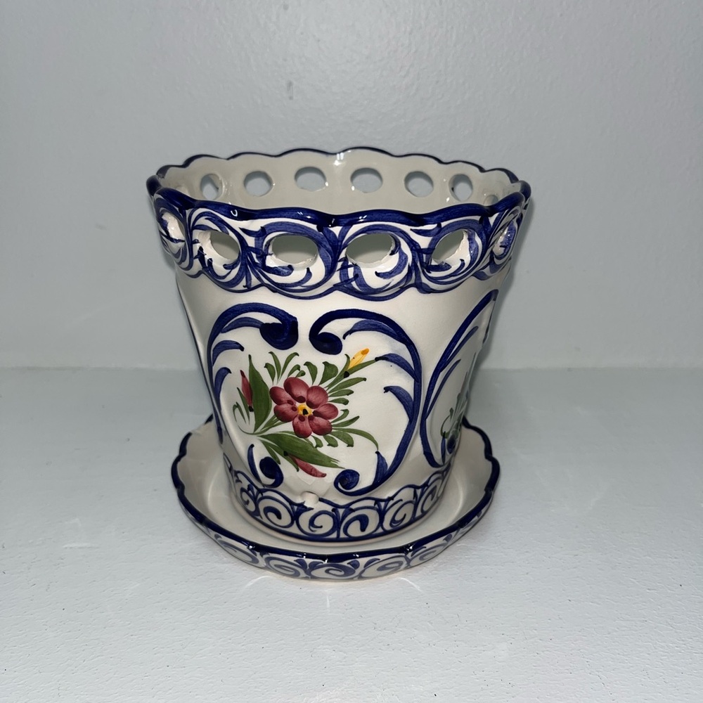 Portuguese Ceramic Planter with Saucer